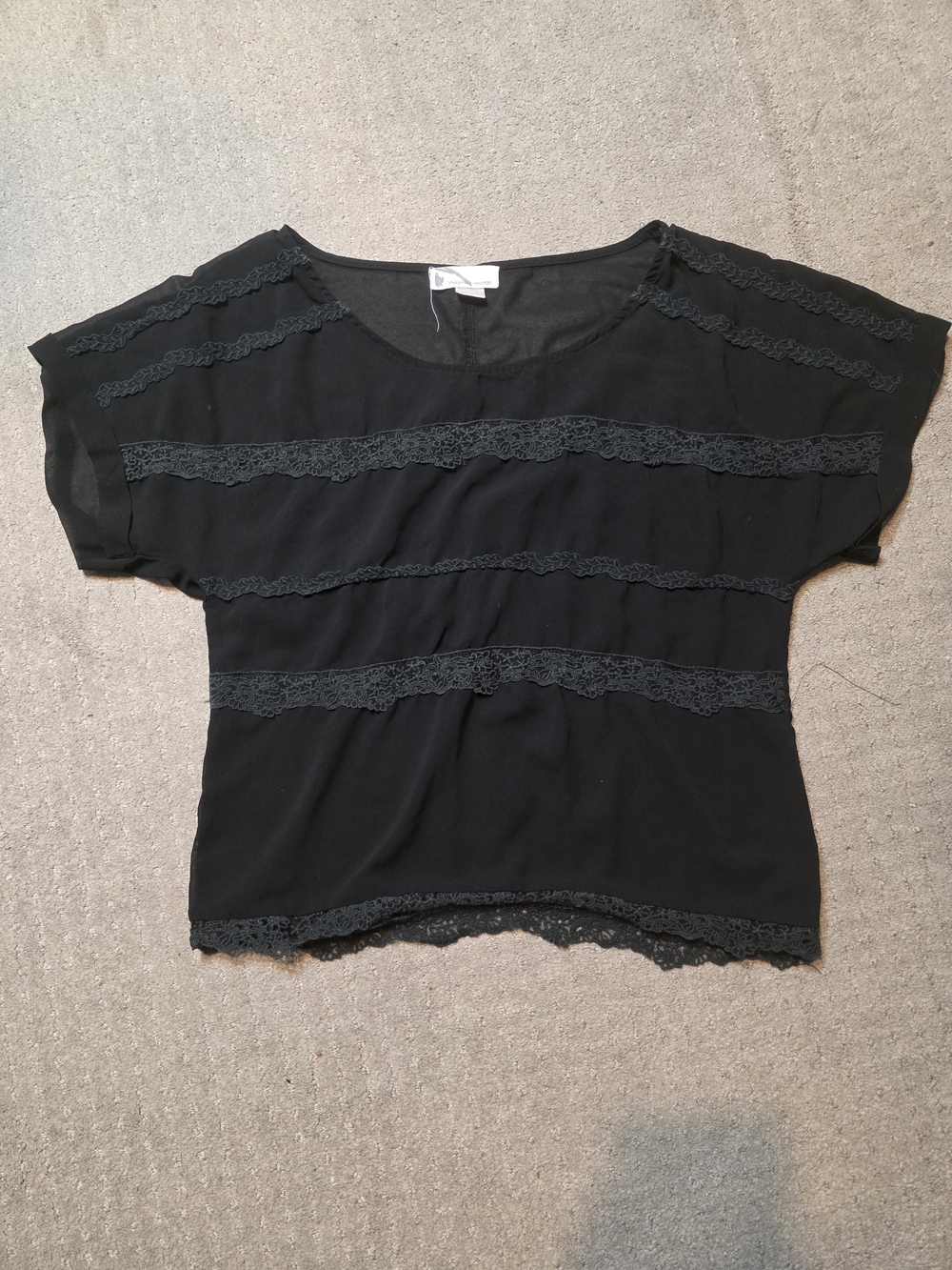 imaginary voyage Black Lace-Trim Short Sleeve Top